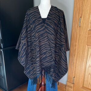 Soft Brown and Black Animal Print Zebra Stripe Poncho / Cape / Shawl with Cringe